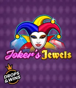 Discover the playful charm of Joker's Jewels slot by Pragmatic Play, highlighting a mesmerizing joker's mask decorated with a vivid jester hat. This image conveys the light-hearted fun of traditional joker games, set against a purple background. Ideal for fans of joker-themed slots, promising a thrilling play experience. 